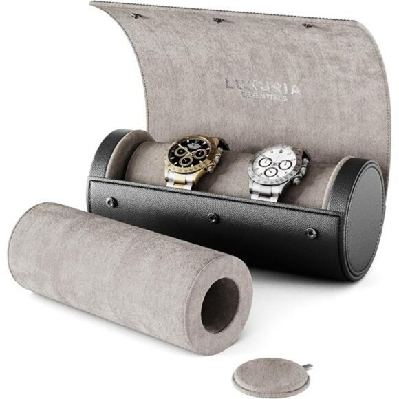 Leather Watch Travel Case for 2 Watches with Hidden Jewelry Storage Pouch